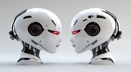 Poster - Three views of a female robot head showcase a sleek design with red details, black metal parts, and emphasis on modern cyberpunk aesthetics