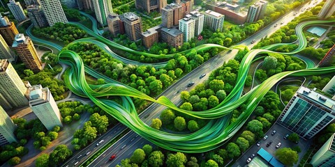 Poster - Abstract Flowing Lines in Shades of Green for Urban Exploration Photography, Capturing Dynamic Harmony in Urban Settings and Nature's Influence on Cityscapes
