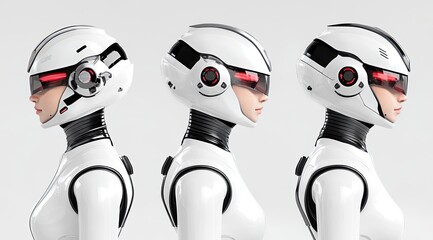 Poster - Three views of a female robot head showcase a sleek design with red details, black metal parts, and emphasis on modern cyberpunk aesthetics