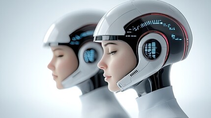 Poster - Three views of a female robot head showcase a sleek design with red details, black metal parts, and emphasis on modern cyberpunk aesthetics