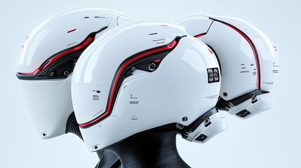 Poster - Three views of a female robot head showcase a sleek design with red details, black metal parts, and emphasis on modern cyberpunk aesthetics