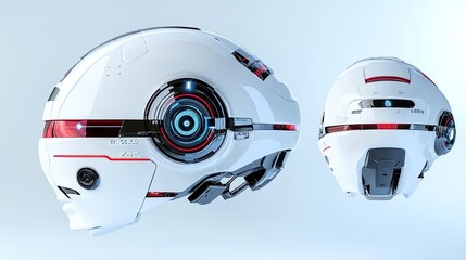 Poster - Three views of a female robot head showcase a sleek design with red details, black metal parts, and emphasis on modern cyberpunk aesthetics