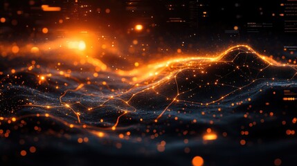 Poster - Abstract Digital Landscape with Glowing Lines and Particles