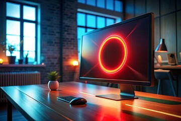 Fototapete - A Computer Monitor with a Glowing Red Circle Emitting Light in a Dark Room, Providing a Futuristic and Techy Atmosphere for Digital Workspaces and Gaming Environments