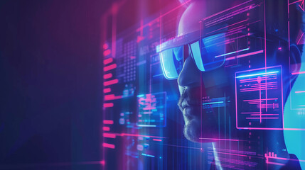 Fototapete - a person using ar glasses to navigate a virtual interface displaying cybersecurity breaches, blocked