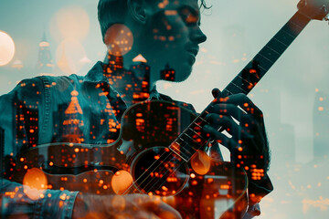 Poster - Generative ai double exposure picture showing a silhouette of a worker against a backdrop of city lights