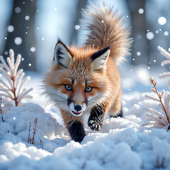 Wall Mural - A curious red fox exploring a snowy landscape with gentle snowflakes falling around, digital art of animal portrait concept.