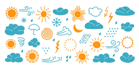 bright and playful vector weather symbols featuring sun, clouds, and rain