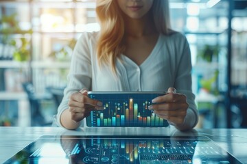 Leinwandbilder - Female fintech entrepreneur at workspace, analytics on digital table tablet, clean and modern office space.