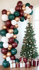 Sticker - Festive balloon arch in dark red, white, and green adorns a minimalist living room featuring a Christmas tree and beautifully wrapped presents