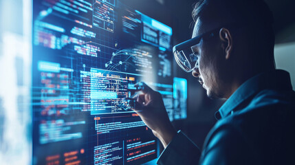 Poster - a person using ar glasses to navigate a virtual interface displaying cybersecurity breaches, blocked