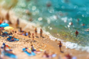 Wall Mural - Miniature people sunbathing at beach in summer concept.