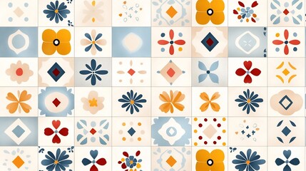 Aufkleber - Vibrant and Vintage Inspired Seamless Patterns with Colorful Geometric Flowers and Botanical Motifs for Springtime Textile Designs