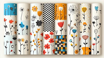 Aufkleber - Vibrant and Colorful Vintage Inspired Seamless Pattern with Checkered Geometric Floral Designs Perfect for Spring Themed Postcard Sticker Packaging and Branding