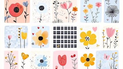 Aufkleber - Colorful abstract flower art seamless pattern set with checkered geometric floral designs in vintage style ideal for spring postcard sticker and other projects