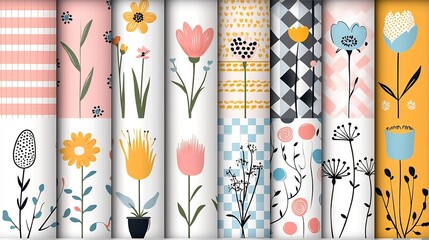 Aufkleber - Colorful abstract flower art with checkered geometric floral designs in a seamless repeating pattern with a vintage style aesthetic ideal for spring themed backgrounds postcards stickers