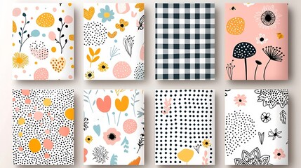 Aufkleber - Vibrant spring themed abstract floral patterns in colorful vintage style with checkered backgrounds  These digital are perfect for a variety of stationery greeting cards postcards scrapbooking