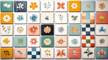 Poster - Vibrant and whimsical abstract flower patterns in a retro inspired vintage style featuring a checkered background perfect for stickers postcards invitations wrapping paper