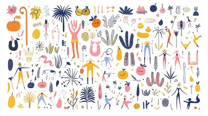 Poster - retro summer themed shape set with jungle elements like palm trees tropical fruits and dancers in a mosaic inspired geometric style  Vibrant digital with a stylized abstract and modern aesthetic