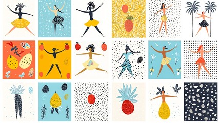 Poster - Vibrant vintage tropical art bundle showcasing hand drawn Hawaiian dancers fruits and palm trees in a geometric patchwork mosaic style  Colorful abstract and decorative digital for summer beach