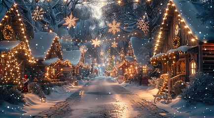 Poster - A winter village street bathed in soft, warm light, capturing the charm and nostalgia of the holiday season. Snow blankets the cobblestone street and the rooftops of quaint wooden shops.