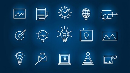 Fototapete - Collection of 15 digital marketing outline icons illustrating key business concepts like teamwork strategy growth performance and analytics in a modern and minimalist design