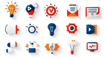 Fototapete - Vibrant of 15 Digital Marketing Icons Depicting Process Flow Teamwork and Business Success  Showcasing a comprehensive set of elements that represent key aspects of digital marketing campaigns