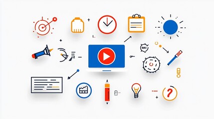 Leinwandbilder - Unique set of digital marketing outline icons showcasing essential tasks and strategies for content creation performance tracking project planning and achieving business targets effectively