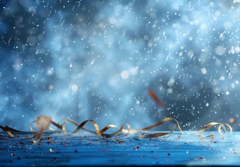 a blue background with a stream of gold confetti falling from the sky. the confetti is scattered all