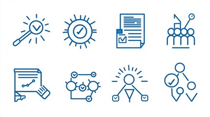 Aufkleber - This collection of 15 black and white outline icons showcases key digital marketing concepts such as strategy workflow teamwork and business goals  The minimalist simplified designs provide a clean