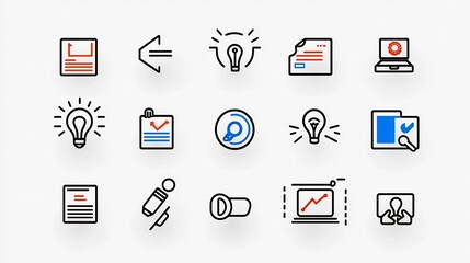 Poster - Collection of 15 black and white outline icons illustrating key digital marketing concepts such as strategy workflow teamwork and business goals in a simple minimalist graphic design style