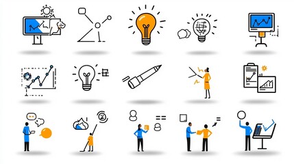 Poster - Collection of 15 black and white outline icons showcasing key digital marketing concepts such as strategy workflow teamwork and business goals in a modern minimalist design style