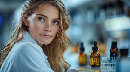 Poster - A female chemist in a modern laboratory carefully adding essential oil into a test tube with a black dropper.