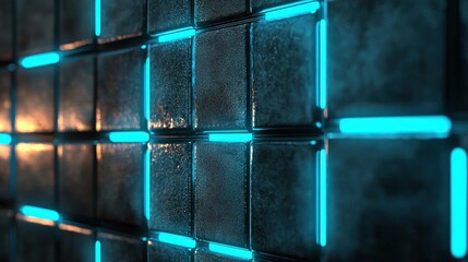 Poster - A futuristic wall of textured tiles illuminated by glowing blue lines, creating a high-tech ambiance.