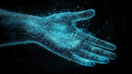 Poster - A glowing, digital hand extends outward, composed of shimmering particles, symbolizing technology, connection, and innovation.