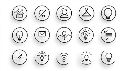 Poster - Set of 15 modern black and white outline icons illustrating various digital marketing aspects such as production teamwork process management and performance tracking