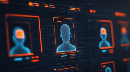 Futuristic digital interface showcasing facial recognition technology in vibrant blue and orange hues.