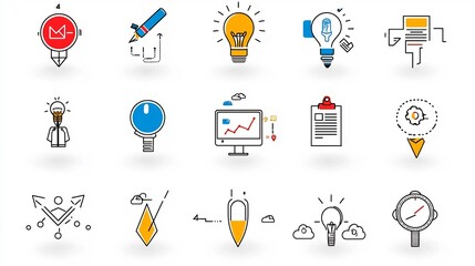Leinwandbilder - A collection of minimalist black and white outline icons symbolizing key digital marketing themes such as strategic planning project execution teamwork and achieving business goals