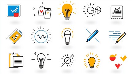 Poster - Comprehensive set of 15 black and white outline icons representing key digital marketing themes such as strategic planning project execution