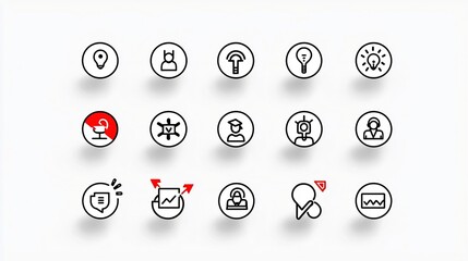 Poster - Clean and professional design featuring a set of 15 black and white outline digital marketing icons highlighting concepts like goal setting workflow optimization