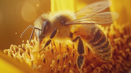 Wall Mural - honeybee collecting pollen from a bright sunflower