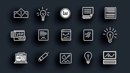 Poster - Minimal set of 15 black and white outline icons emphasizing creative production efficient management and success metrics for digital marketing strategies and workflows