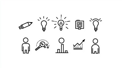 Fototapete - Contemporary black and white outline icon set with 15 minimalist graphic designs covering project management workflow process improvement and target success concepts
