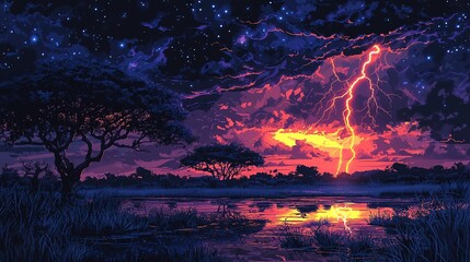 Poster - illustration of a lightning storm at night in Africa, 4k image