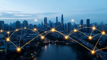 Poster - Futuristic sustainable city skyline illuminated by digital circuit lights and interconnected network nodes