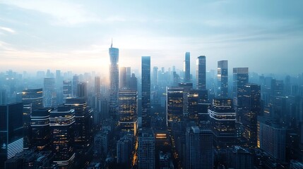 Poster - Digitalized cityscape with futuristic energy efficient buildings adorned by abstract circuit style lighting and active digital light nodes showcasing a vision of a sustainable high tech urban future