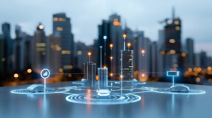 Poster - Futuristic high tech urban cityscape featuring a network of distributed digital nodes self driving cars glowing roadways