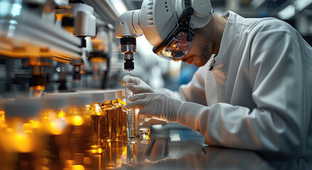Aufkleber - A robotic arm delicately holding a test tube, with a researcher in the background wearing safety goggles, showcasing precision and cooperation between humans and machines in a high-tech lab setting.