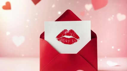 Wall Mural - a red envelope containing a card with a lipstick imprint is set against a dreamy pink background ado