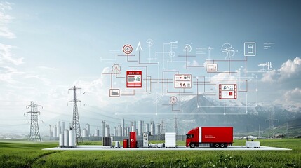 Fototapete - Schematic diagram of an intelligent smart grid system that coordinates renewable energy and storage technologies to ensure reliable and efficient power delivery across the electrical infrastructure